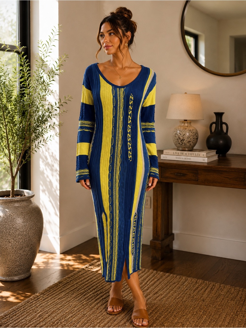 Bergati Colorblock Knit Maxi Dress Size XL Cotton Blend Long Sleeve Sweater Dres